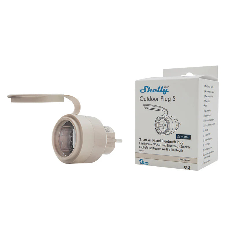 Shelly Outdoor Plug S Gen3 – IP44 ulkoälypistorasia 12A / 2500W, energiankulutusmittaus + Matter (WiFi/Bluetooth)